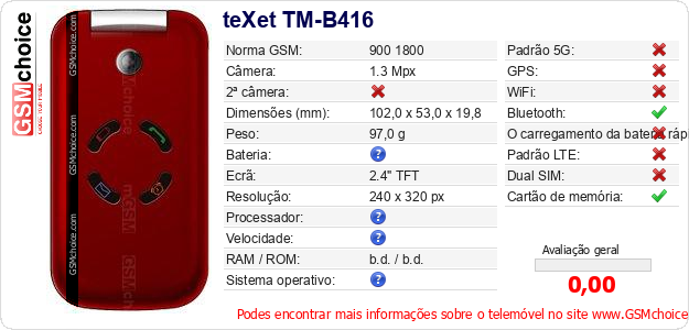 teXet TM-B416 Especificações técnicas do telemóvel teXet TM-B416 Especificações técnicas do telemóvel
