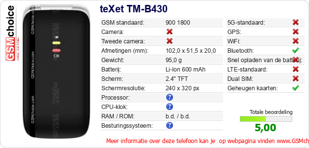 teXet TM-B430 Technische gegevens 