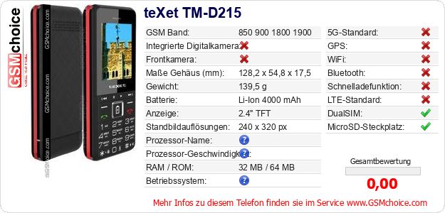 teXet TM-D215 technische Daten teXet TM-D215 technische Daten
