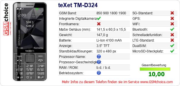 teXet TM-D324 technische Daten teXet TM-D324 technische Daten