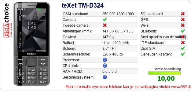 teXet TM-D324 Technische gegevens teXet TM-D324 Technische gegevens