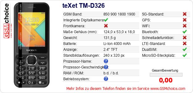 teXet TM-D326 technische Daten teXet TM-D326 technische Daten