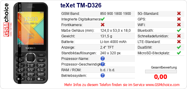 teXet TM-D326 technische Daten teXet TM-D326 technische Daten