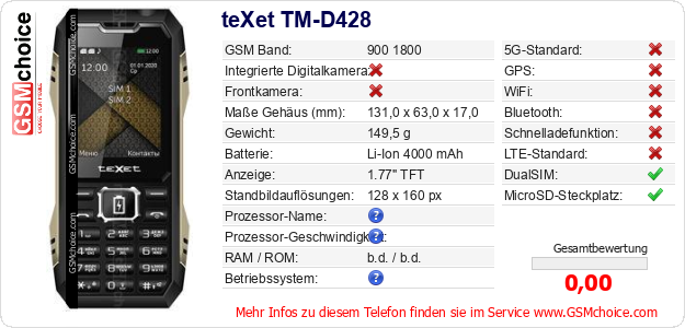 teXet TM-D428 technische Daten teXet TM-D428 technische Daten