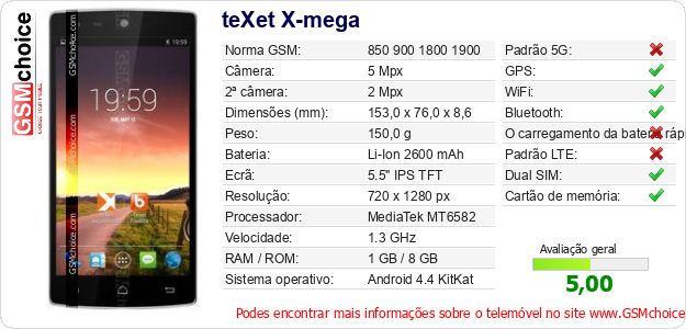 teXet X-mega Especificações técnicas do telemóvel teXet X-mega Especificações técnicas do telemóvel