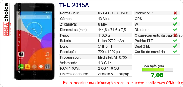 THL 2015A Especificações técnicas do telemóvel THL 2015A Especificações técnicas do telemóvel