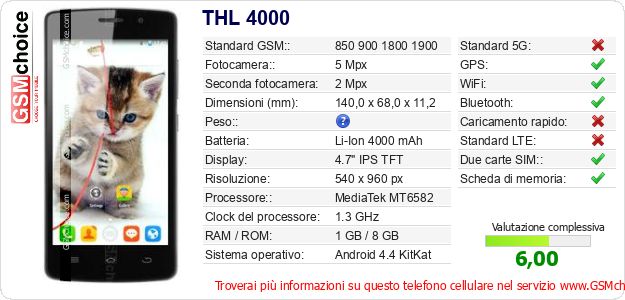 THL 4000 Dati tecnici di telefono cellulare THL 4000 Dati tecnici di telefono cellulare