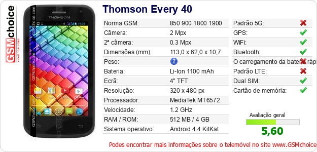 Thomson Every 40 Especificações técnicas do telemóvel Thomson Every 40 Especificações técnicas do telemóvel