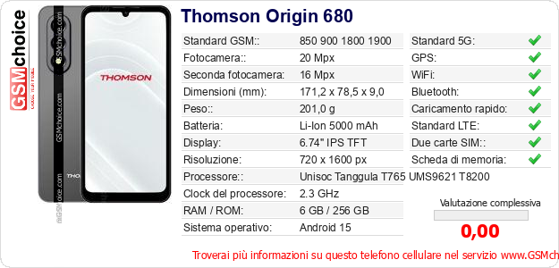 Thomson Origin 680 Dati tecnici di telefono cellulare Thomson Origin 680 Dati tecnici di telefono cellulare