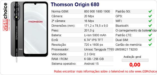Thomson Origin 680 Especificações técnicas do telemóvel Thomson Origin 680 Especificações técnicas do telemóvel
