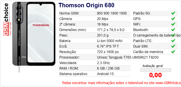 Thomson Origin 680 Especificações técnicas do telemóvel 