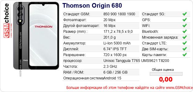Thomson Origin 680 Технические данные телефона Thomson Origin 680 Технические данные телефона