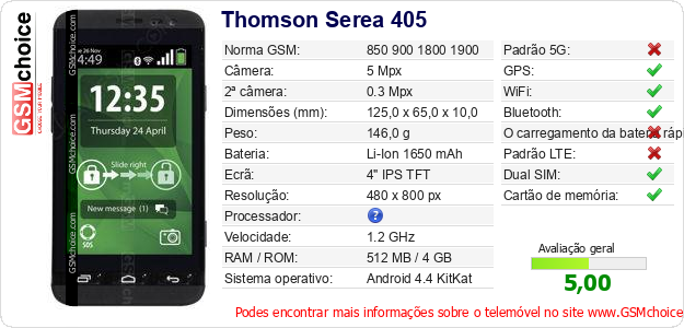 Thomson Serea 405 Especificações técnicas do telemóvel 