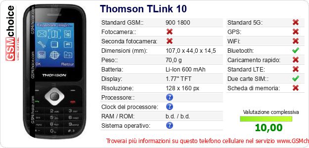Thomson TLink 10 Dati tecnici di telefono cellulare Thomson TLink 10 Dati tecnici di telefono cellulare