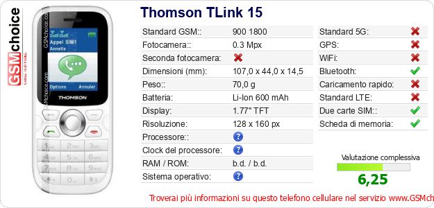 Thomson TLink 15 Dati tecnici di telefono cellulare Thomson TLink 15 Dati tecnici di telefono cellulare