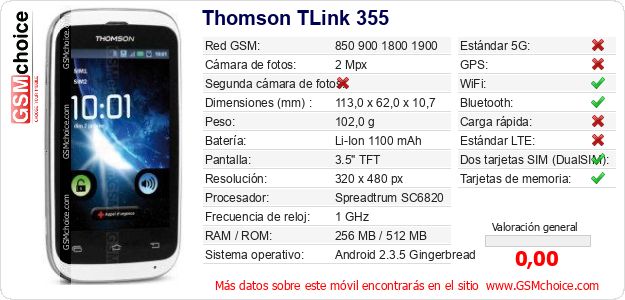 Thomson TLink 355 Datos técnicos del móvil Thomson TLink 355 Datos técnicos del móvil