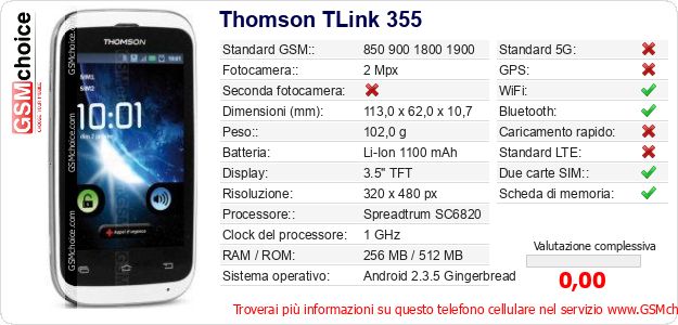 Thomson TLink 355 Dati tecnici di telefono cellulare Thomson TLink 355 Dati tecnici di telefono cellulare