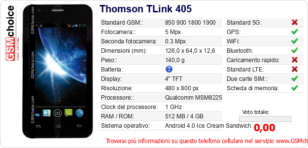 Thomson TLink 405 Dati tecnici di telefono cellulare Thomson TLink 405 Dati tecnici di telefono cellulare
