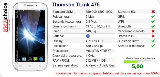 Thomson TLink 475 Dati tecnici di telefono cellulare Thomson TLink 475 Dati tecnici di telefono cellulare