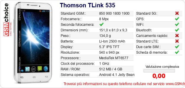 Thomson TLink 535 Dati tecnici di telefono cellulare Thomson TLink 535 Dati tecnici di telefono cellulare