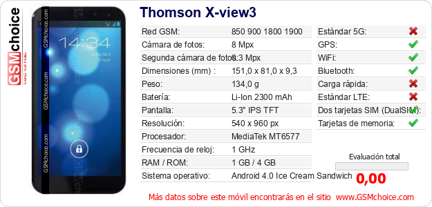 Thomson X-view3 Datos técnicos del móvil Thomson X-view3 Datos técnicos del móvil