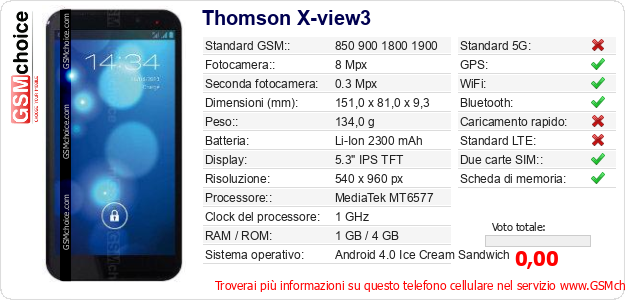 Thomson X-view3 Dati tecnici di telefono cellulare Thomson X-view3 Dati tecnici di telefono cellulare
