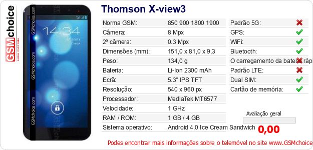 Thomson X-view3 Especificações técnicas do telemóvel Thomson X-view3 Especificações técnicas do telemóvel
