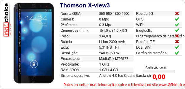 Thomson X-view3 Especificações técnicas do telemóvel Thomson X-view3 Especificações técnicas do telemóvel