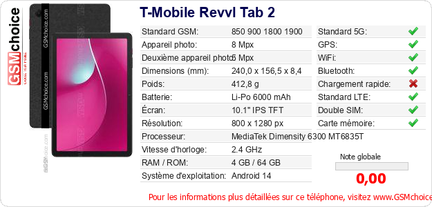 T-Mobile Revvl Tab 2 Fiche technique