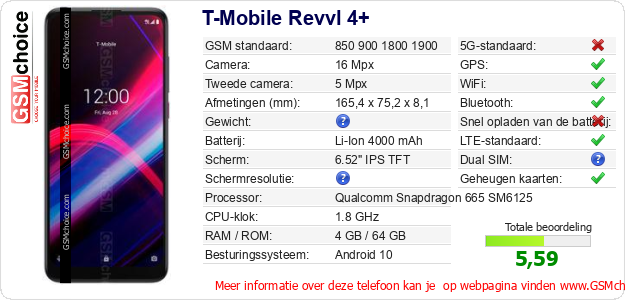 T-Mobile Revvl 4+ Technische gegevens T-Mobile Revvl 4+ Technische gegevens