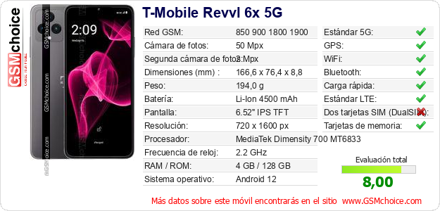 T-Mobile Revvl 6x 5G Datos técnicos del móvil 