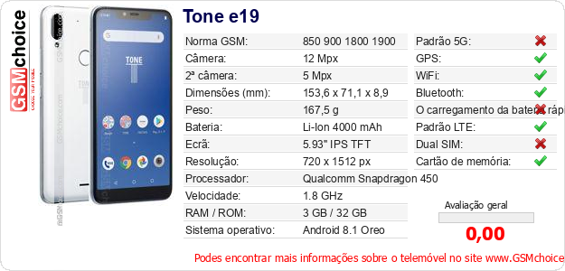 Tone e19 Especificações técnicas do telemóvel Tone e19 Especificações técnicas do telemóvel