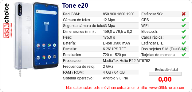 Tone e20 Datos técnicos del móvil 