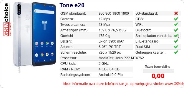 Tone e20 Technische gegevens 