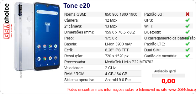 Tone e20 Especificações técnicas do telemóvel Tone e20 Especificações técnicas do telemóvel