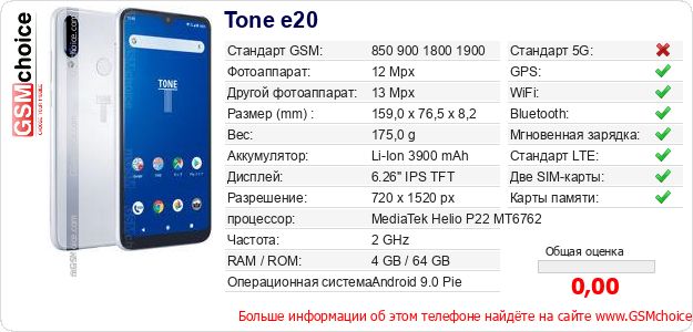 Tone e20 Технические данные телефона Tone e20 Технические данные телефона
