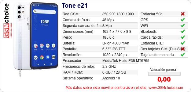 Tone e21 Datos técnicos del móvil 