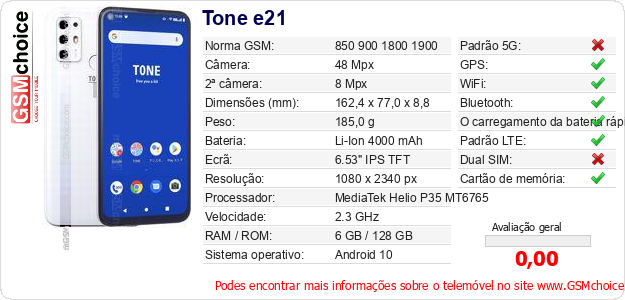 Tone e21 Especificações técnicas do telemóvel 