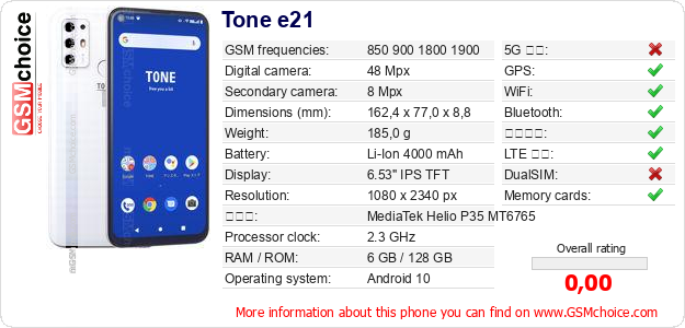 Tone e21 手機技術數據