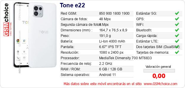 Tone e22 Datos técnicos del móvil Tone e22 Datos técnicos del móvil
