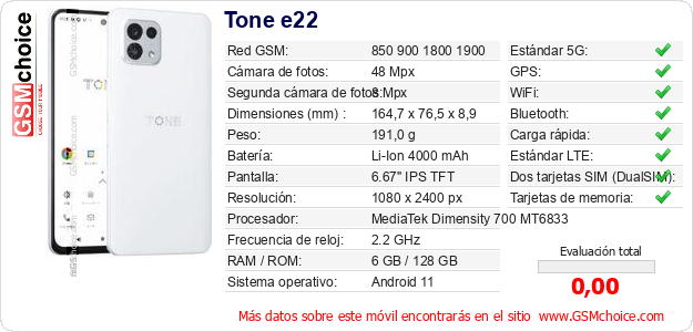 Tone e22 Datos técnicos del móvil Tone e22 Datos técnicos del móvil