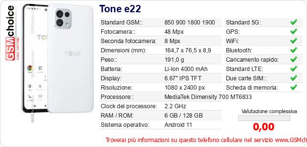 Tone e22 Dati tecnici di telefono cellulare Tone e22 Dati tecnici di telefono cellulare