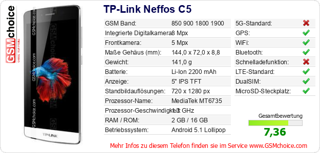 TP-Link Neffos C5 technische Daten TP-Link Neffos C5 technische Daten