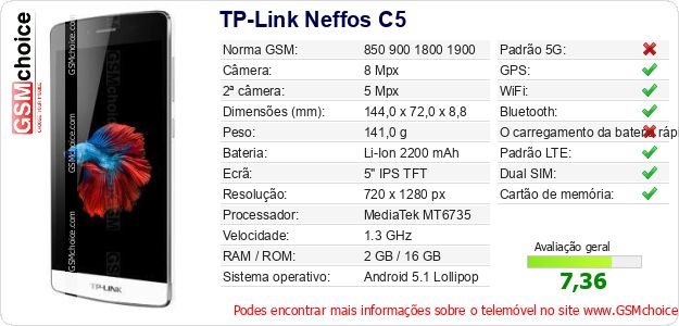 TP-Link Neffos C5 Especificações técnicas do telemóvel TP-Link Neffos C5 Especificações técnicas do telemóvel