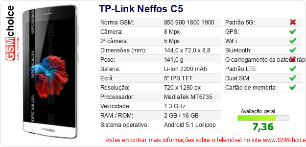 TP-Link Neffos C5 Especificações técnicas do telemóvel 