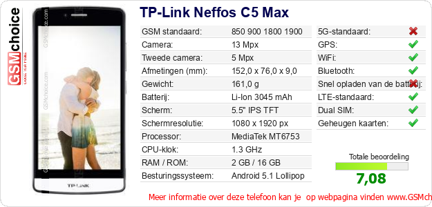 TP-Link Neffos C5 Max Technische gegevens TP-Link Neffos C5 Max Technische gegevens