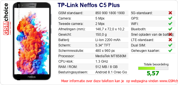 TP-Link Neffos C5 Plus Technische gegevens TP-Link Neffos C5 Plus Technische gegevens