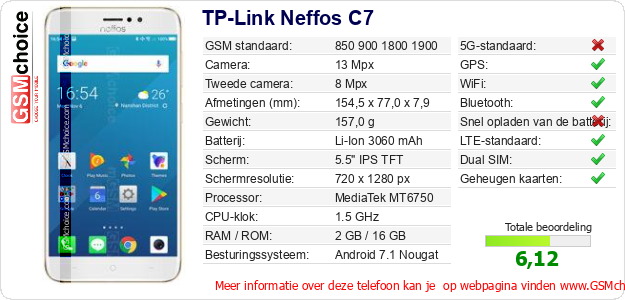 TP-Link Neffos C7 Technische gegevens TP-Link Neffos C7 Technische gegevens