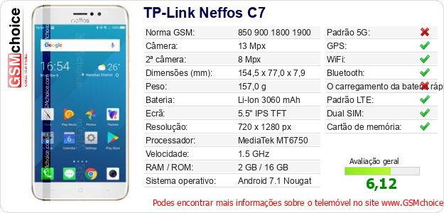 TP-Link Neffos C7 Especificações técnicas do telemóvel TP-Link Neffos C7 Especificações técnicas do telemóvel