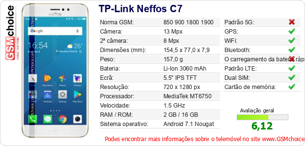 TP-Link Neffos C7 Especificações técnicas do telemóvel TP-Link Neffos C7 Especificações técnicas do telemóvel